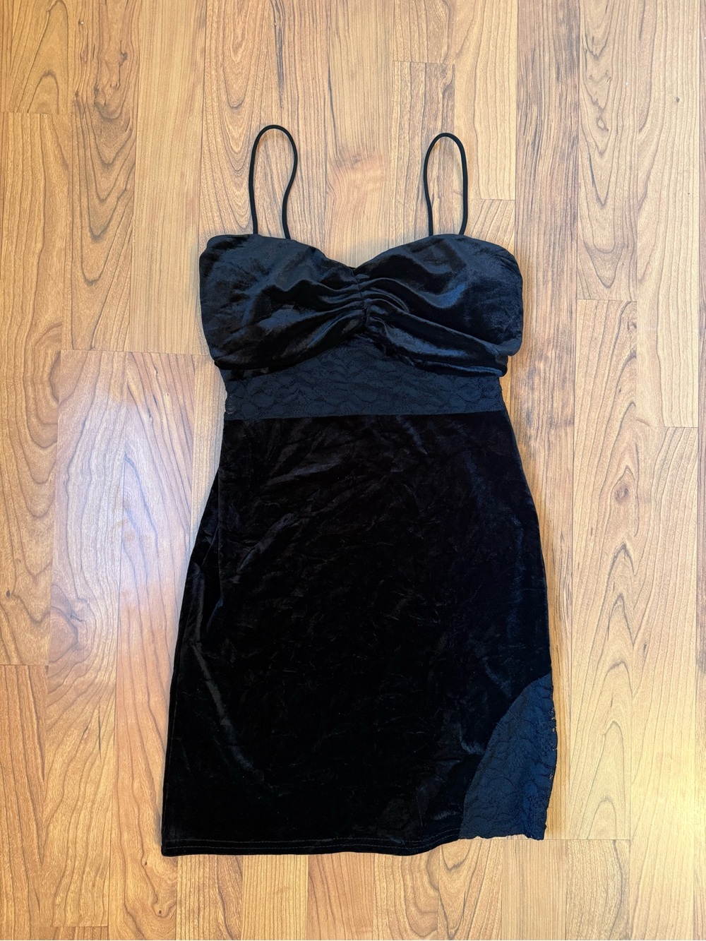 Women’s Black Velvet Slip Dress with Lace Trim